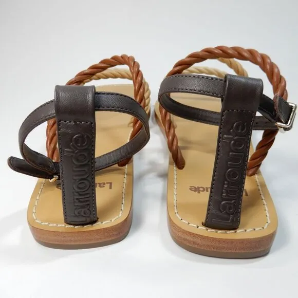 Larroude Santorini Twist Strap Flat Sandals Size 7 Brown Beige Leather NEW