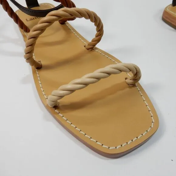 Larroude Santorini Twist Strap Flat Sandals Size 7 Brown Beige Leather NEW