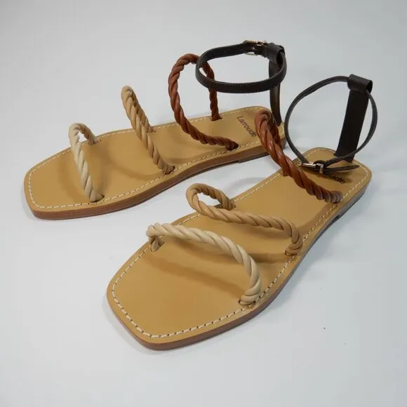 Larroude Santorini Twist Strap Flat Sandals Size 7 Brown Beige Leather NEW