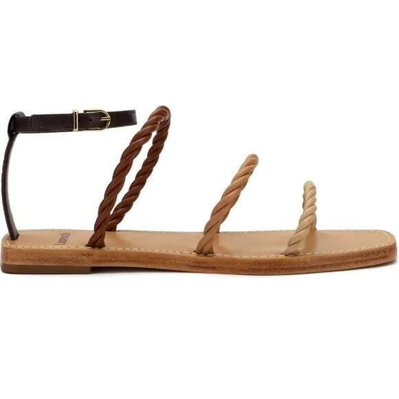 Larroude Santorini Twist Strap Flat Sandals Size 7 Brown Beige Leather NEW