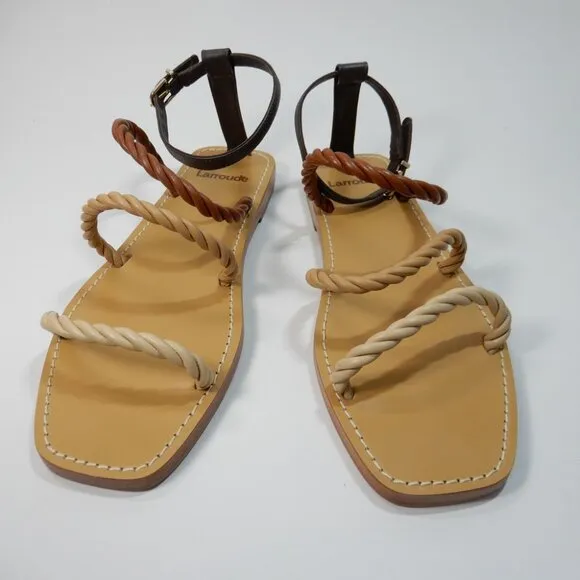 Larroude Santorini Twist Strap Flat Sandals Size 7 Brown Beige Leather NEW
