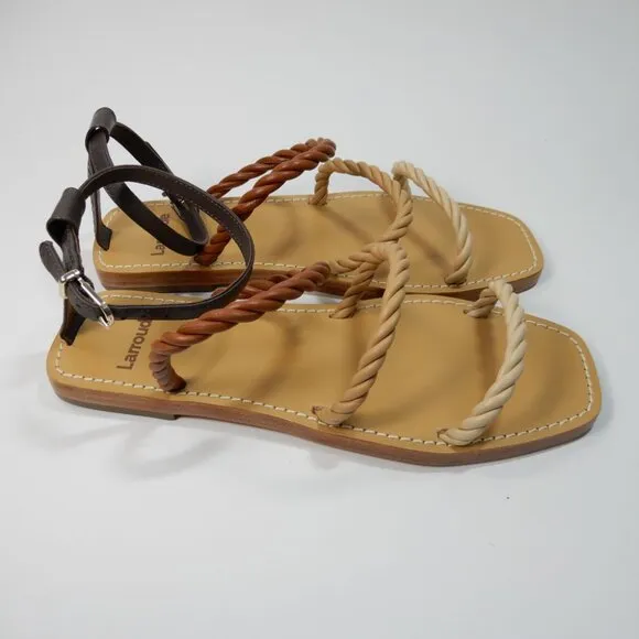 Larroude Santorini Twist Strap Flat Sandals Size 7 Brown Beige Leather NEW