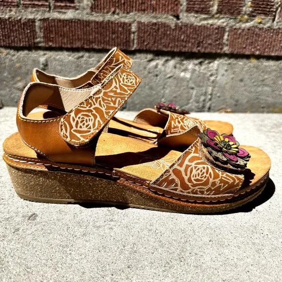 L'Artiste By Spring Step Cuteness Leather Wedge Sandals Ankle Strap Brown 10.5