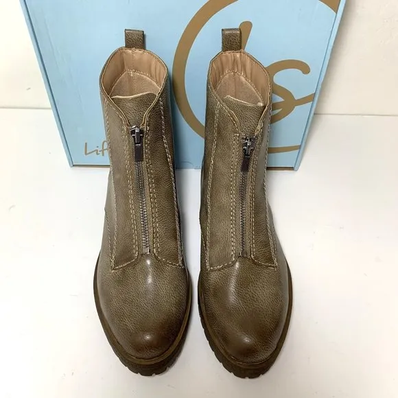 LifeStride Sanibelle Boots Zip Front Lug Sole Booties Stone Brown Size 8 NEW