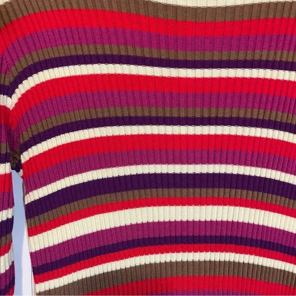 Lisa Says Gah Virgine Stripe Long Sleeve Ribbed Turtleneck Midi Dress Hibiscus