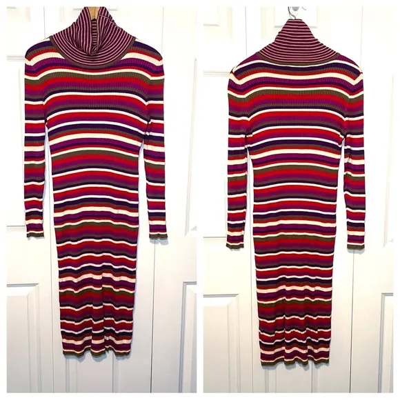 Lisa Says Gah Virgine Stripe Long Sleeve Ribbed Turtleneck Midi Dress Hibiscus