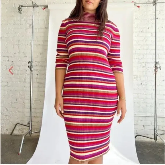 Lisa Says Gah Virgine Stripe Long Sleeve Ribbed Turtleneck Midi Dress Hibiscus