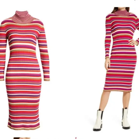Lisa Says Gah Virgine Stripe Long Sleeve Ribbed Turtleneck Midi Dress Hibiscus