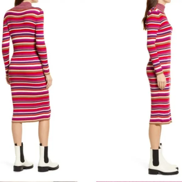 Lisa Says Gah Virgine Stripe Long Sleeve Ribbed Turtleneck Midi Dress Hibiscus