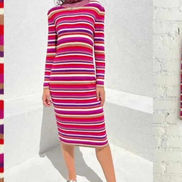 Lisa Says Gah Virgine Stripe Long Sleeve Ribbed Turtleneck Midi Dress Hibiscus