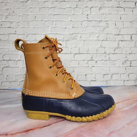 LL Bean Bean Boots Womens Size 6 Navy Blue 8&quot; Leather Hunting Rubber Duck Boots