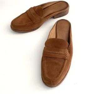 Madewell Cognac Brown Suede Penny Loafer Mules 9 Preppy Boho Comfortable Coastal
