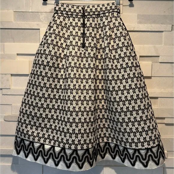 MAJE Josy Pleated Two-tone Lace Tulle Fit &amp; Flare Skirt w/pockets Black White 1S