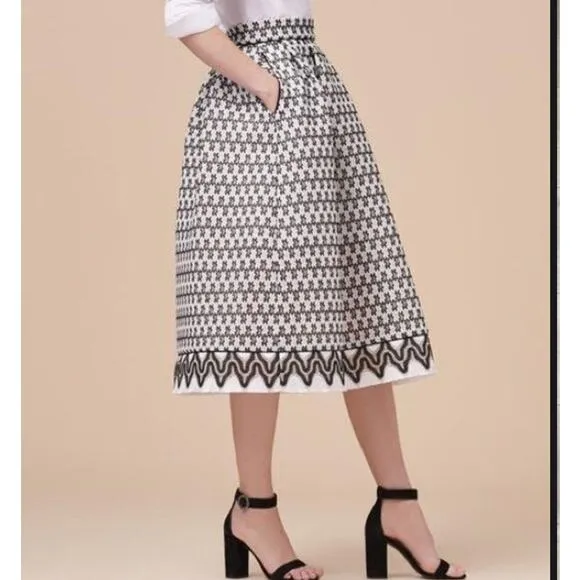 MAJE Josy Pleated Two-tone Lace Tulle Fit &amp; Flare Skirt w/pockets Black White 1S