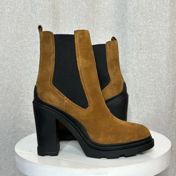 MARC FISHER LTD DARK NATURAL SUEDE RAMIO CHELSEA PLATFORM ANKLE BOOTS **NWT**