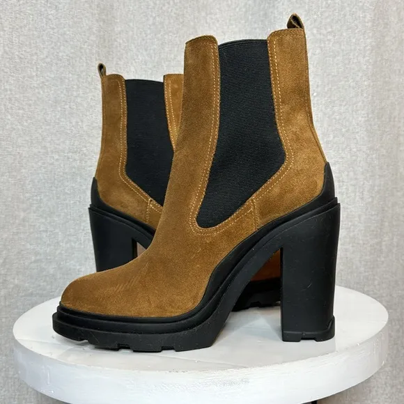 MARC FISHER LTD DARK NATURAL SUEDE RAMIO CHELSEA PLATFORM ANKLE BOOTS **NWT**