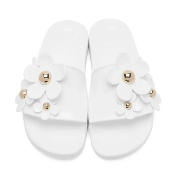 Marc Jacobs Daisy Aqua Embellished Pool Slide Sandals Floral Open Toe Flat White
