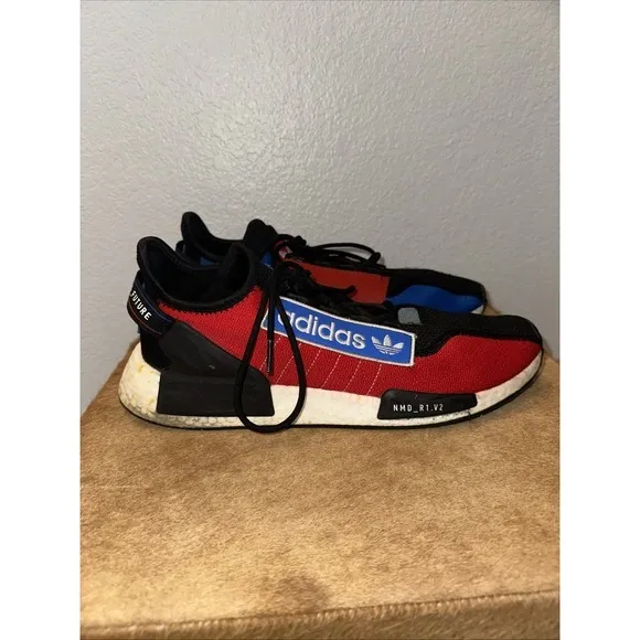 Men Adidas NMD_R1 V2 Black/Blue 'Logo Patch - Team Power Red' GX6326‎ Size 13