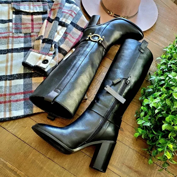 Napoleoni Made In Italy Black Leather Block Heel Boots With Stap &amp; Gold …