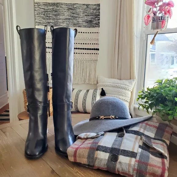 Napoleoni Made In Italy Black Leather Block Heel Boots With Stap &amp; Gold …