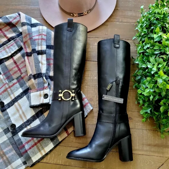 Napoleoni Made In Italy Black Leather Block Heel Boots With Stap &amp; Gold …
