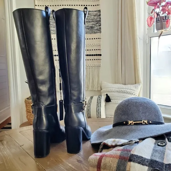 Napoleoni Made In Italy Black Leather Block Heel Boots With Stap &amp; Gold …