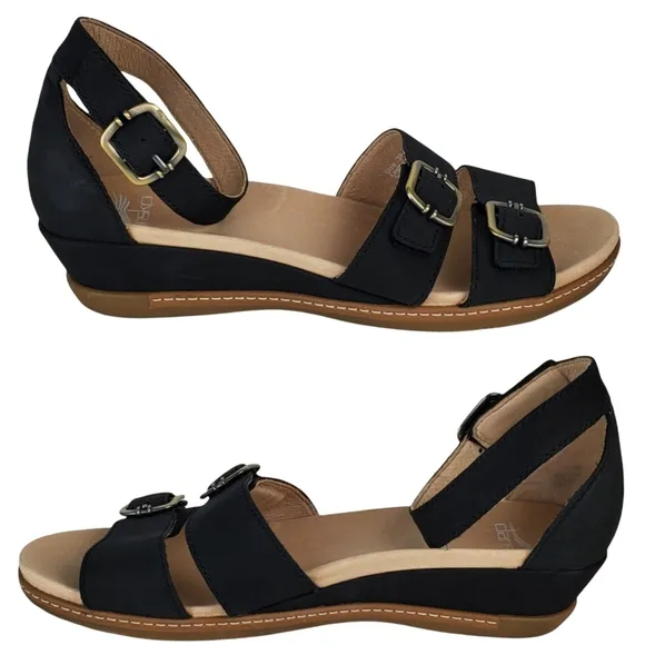 New Dansko Astrid wedge strappy nubuck comfort black wedge sandals