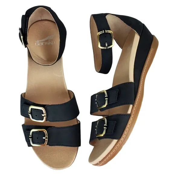 New Dansko Astrid wedge strappy nubuck comfort black wedge sandals