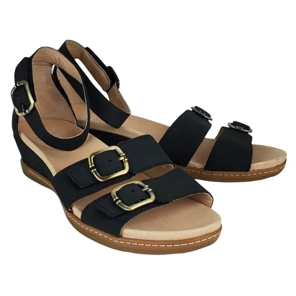 New Dansko Astrid wedge strappy nubuck comfort black wedge sandals