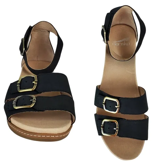 New Dansko Astrid wedge strappy nubuck comfort black wedge sandals