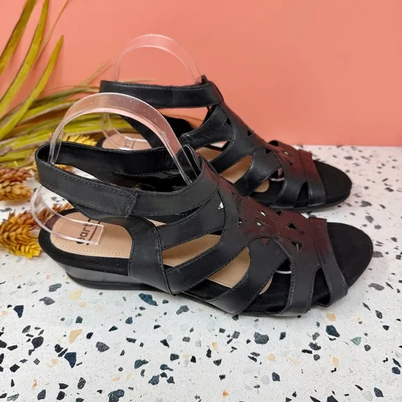 NEW Earth Origins Black Pisa Chatham Low Wedge Leather Women’s Sandals Sz 11W
