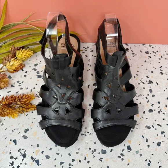 NEW Earth Origins Black Pisa Chatham Low Wedge Leather Women’s Sandals Sz 11W