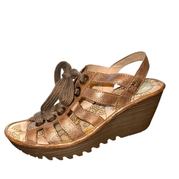 New ▶️ Fly London ◀️ Metallic Yoti Multi-Strap Lace-up  Wedge Sandals