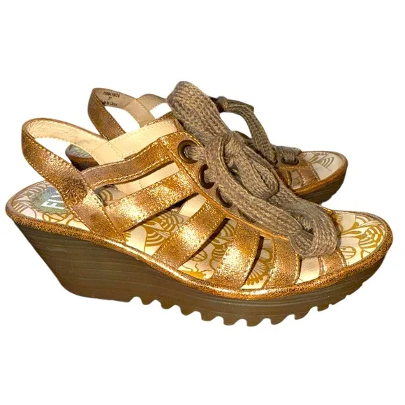 New ▶️ Fly London ◀️ Metallic Yoti Multi-Strap Lace-up  Wedge Sandals