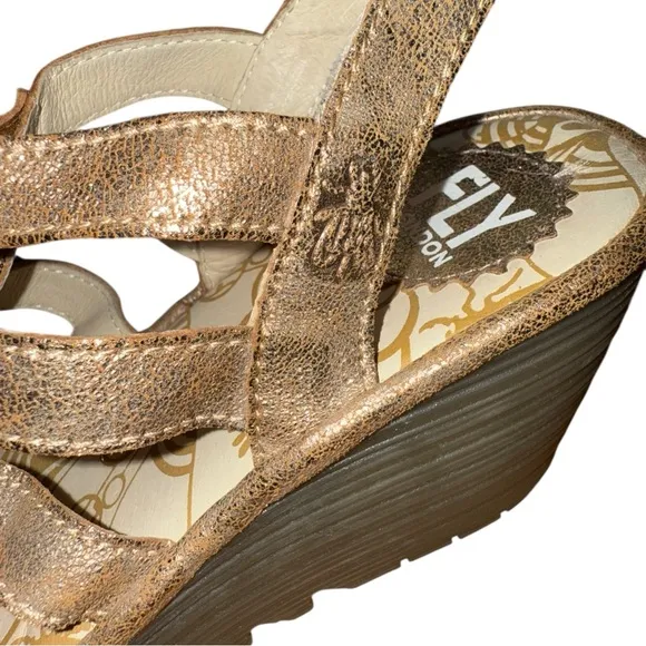 New ▶️ Fly London ◀️ Metallic Yoti Multi-Strap Lace-up  Wedge Sandals