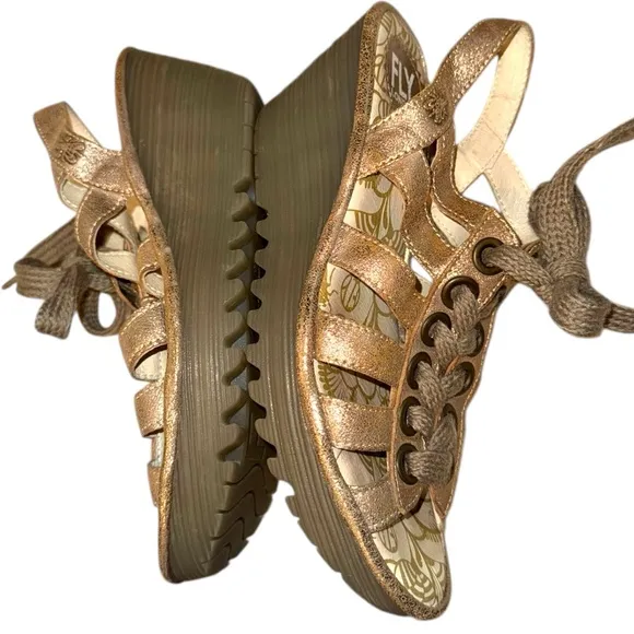 New ▶️ Fly London ◀️ Metallic Yoti Multi-Strap Lace-up  Wedge Sandals