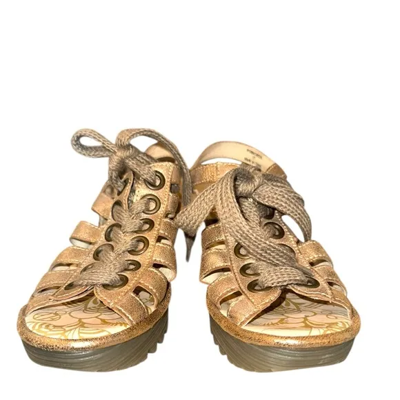 New ▶️ Fly London ◀️ Metallic Yoti Multi-Strap Lace-up  Wedge Sandals