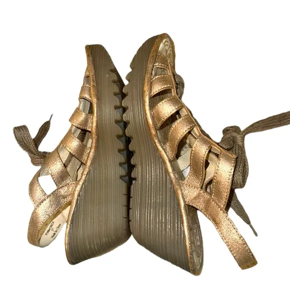 New ▶️ Fly London ◀️ Metallic Yoti Multi-Strap Lace-up  Wedge Sandals