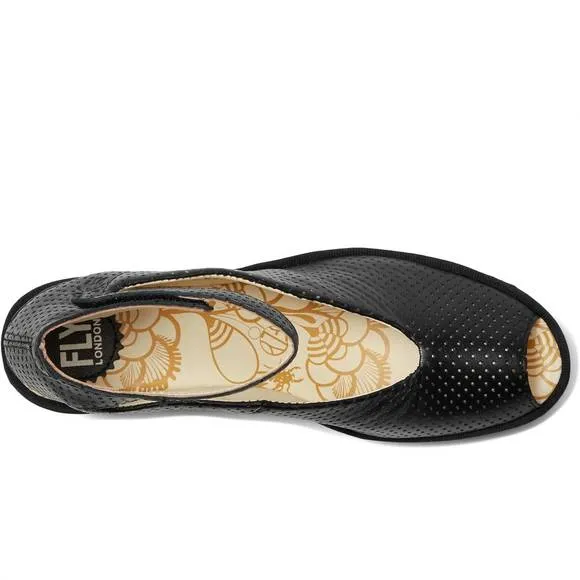 NEW FLY LONDON women's yala376fly perf wedge sandal in black