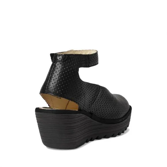 NEW FLY LONDON women's yala376fly perf wedge sandal in black