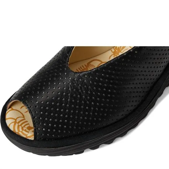 NEW FLY LONDON women's yala376fly perf wedge sandal in black