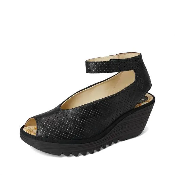 NEW FLY LONDON women's yala376fly perf wedge sandal in black