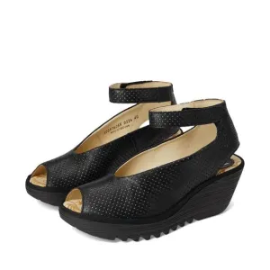 NEW FLY LONDON women's yala376fly perf wedge sandal in black
