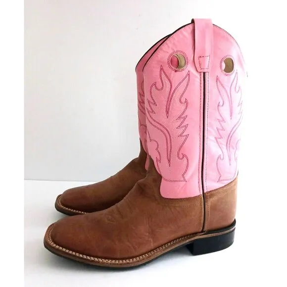 NEW Old West Cowgirl Boot Pink Brown Calf Leather Square Toe Ladies 7B