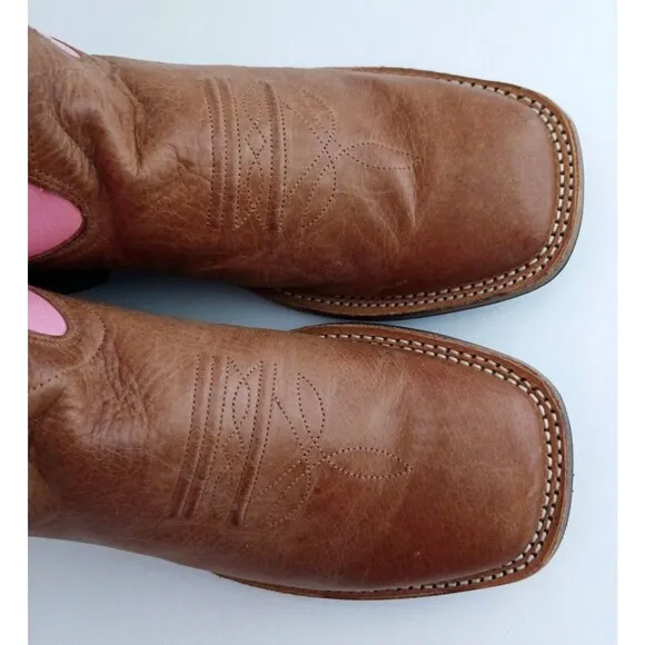 NEW Old West Cowgirl Boot Pink Brown Calf Leather Square Toe Ladies 7B
