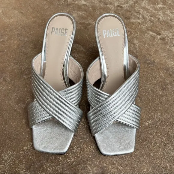 NEW PAIGE Leigh Leather Sandal In Silver Heeled Sandals Sz 7