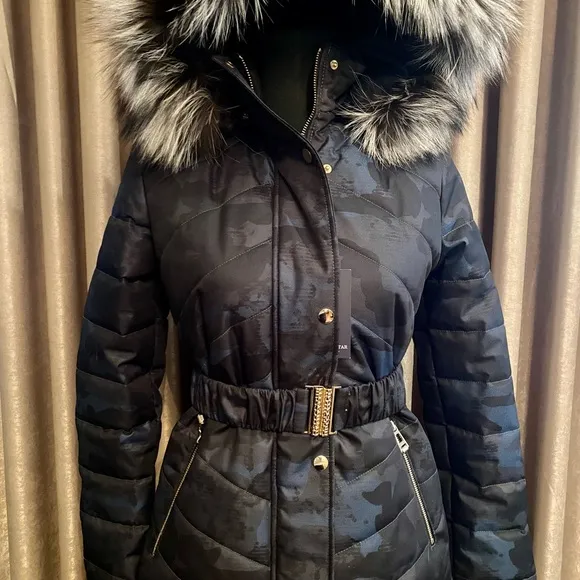 NEW Puffer Jacket Camouflage Real Silver Fox Hood S-L Blue Gray Black Coat Camo