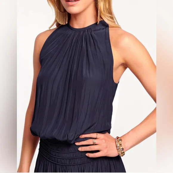 New Ramy Brook Audrey Smocked Midi Dress in Navy Size Medium