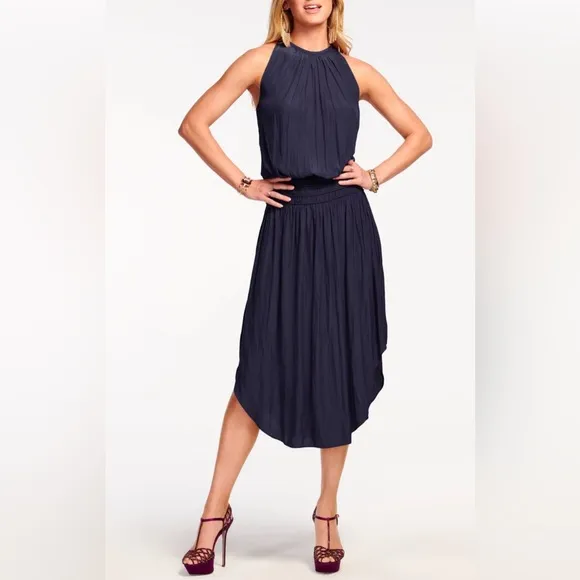 New Ramy Brook Audrey Smocked Midi Dress in Navy Size Medium