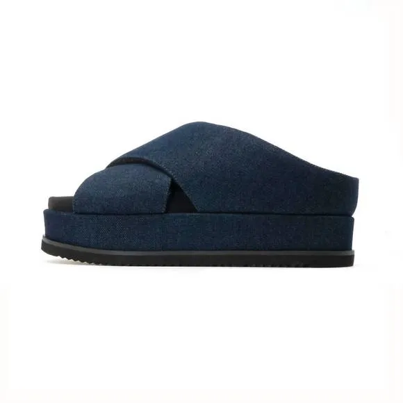 NEW ROAM denim cross stack platform sandals in dark denim